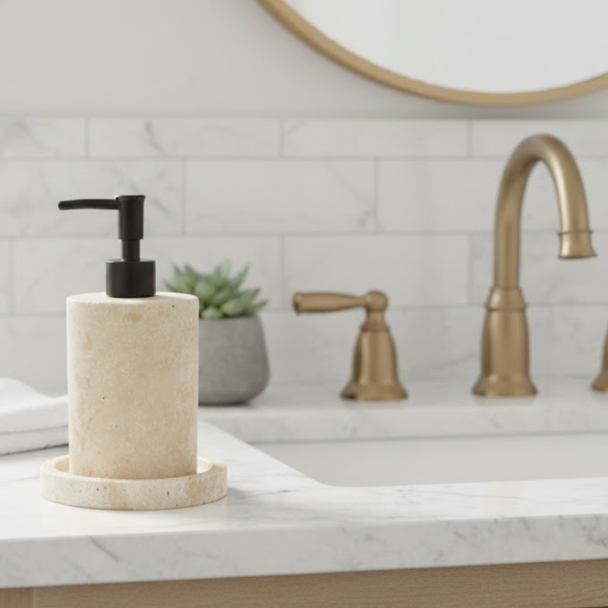 Travertine Natural Liquid Soap Dispenser & Tray Set (Handcrafted)
