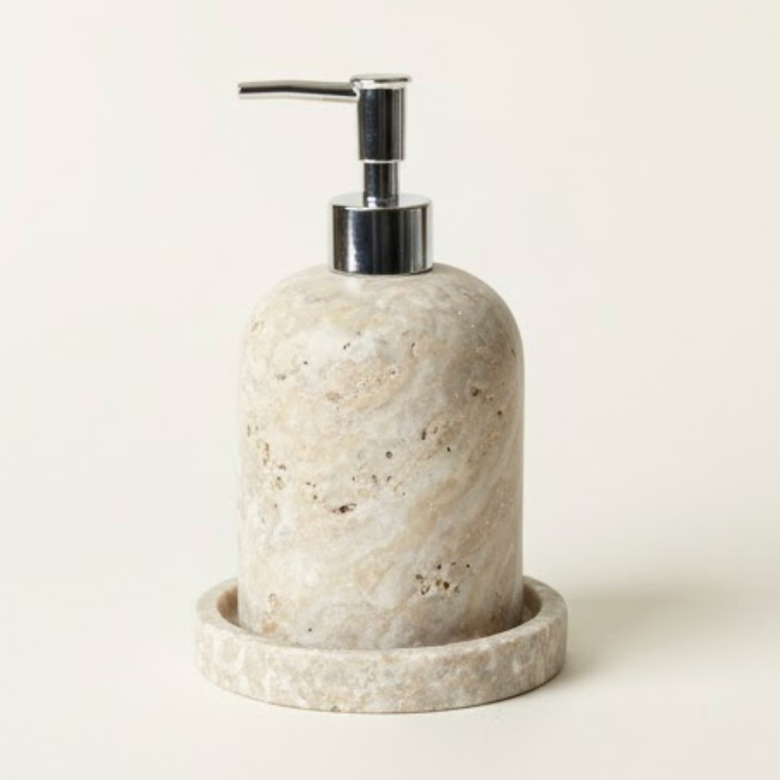Silver Travertine Natural Stone Soap Dispenser with Tray (Handcrafted Set)