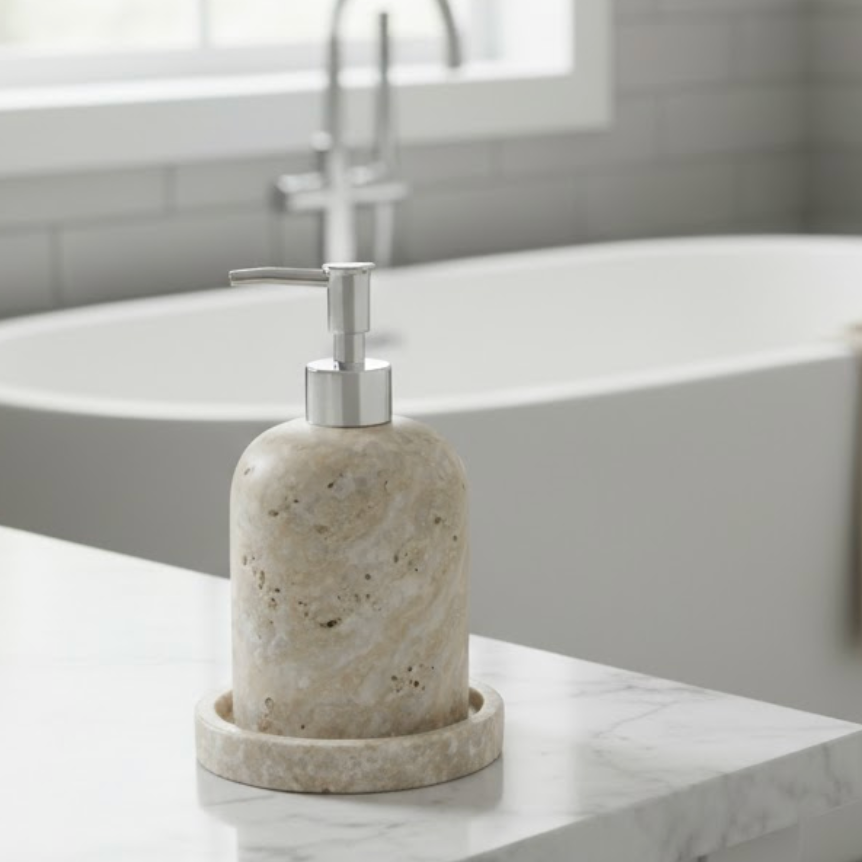 Silver Travertine Natural Stone Soap Dispenser with Tray (Handcrafted Set)