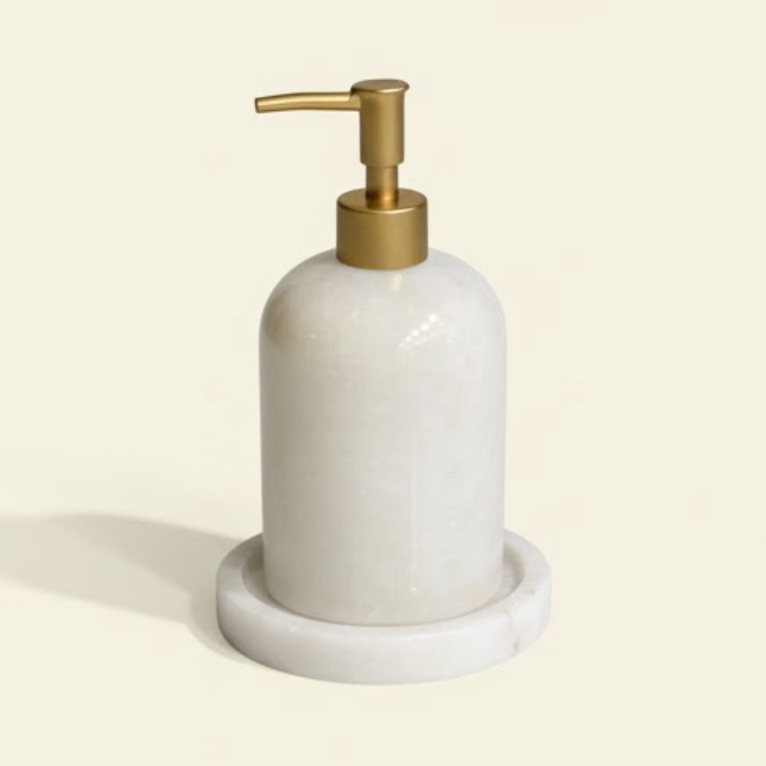 White Marble Matte Gold Soap Dispenser with Tray – 2-Piece Set (Handcrafted)