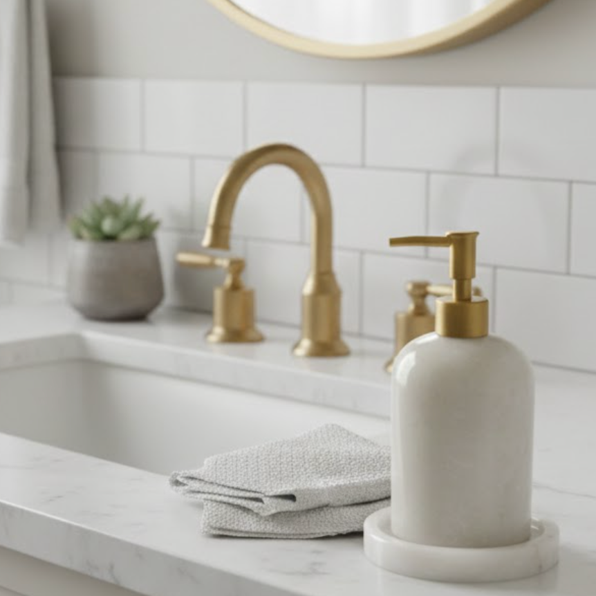 White Marble Matte Gold Soap Dispenser with Tray – 2-Piece Set (Handcrafted)