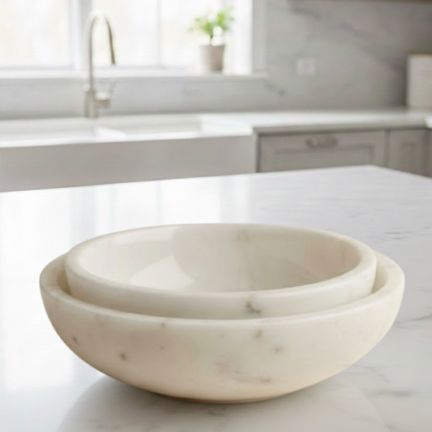 White Marble Serving Bowl Set (2 Pieces, Handcrafted)