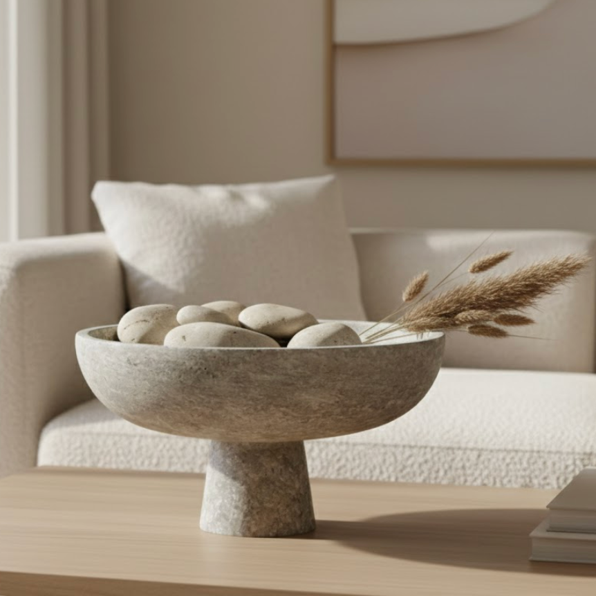 Silver Travertine Pedestal Bowl (Handcrafted)