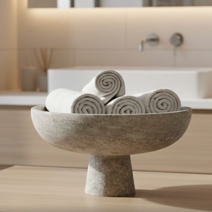 Silver Travertine Pedestal Bowl (Handcrafted)