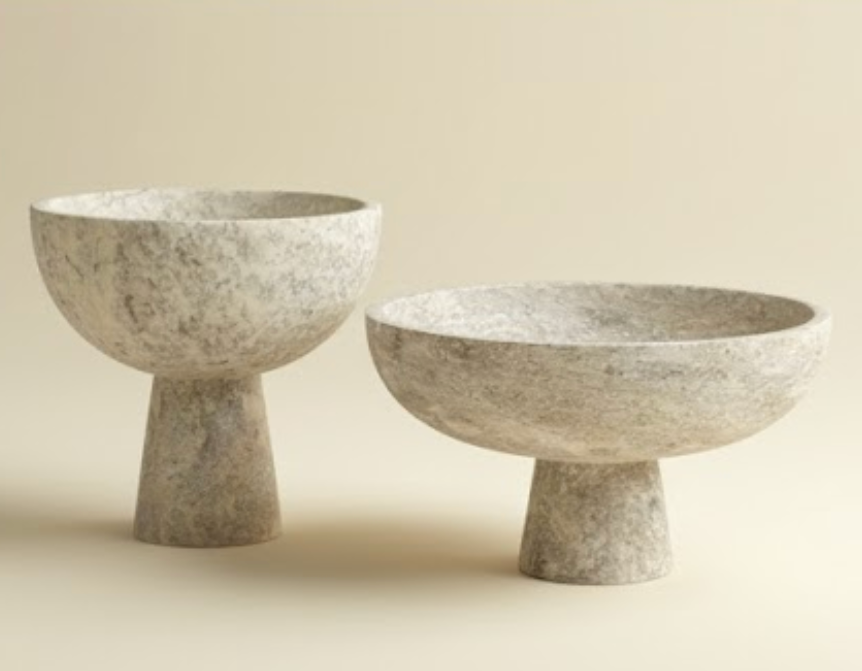 Silver Travertine Pedestal Bowl Set (2 Pieces, Handcrafted)