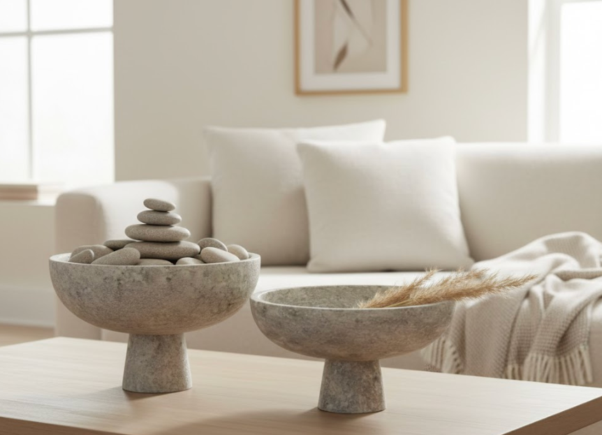 Silver Travertine Pedestal Bowl Set (2 Pieces, Handcrafted)