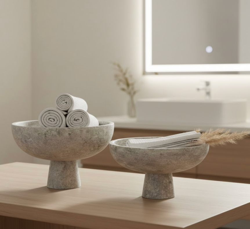 Silver Travertine Pedestal Bowl Set (2 Pieces, Handcrafted)