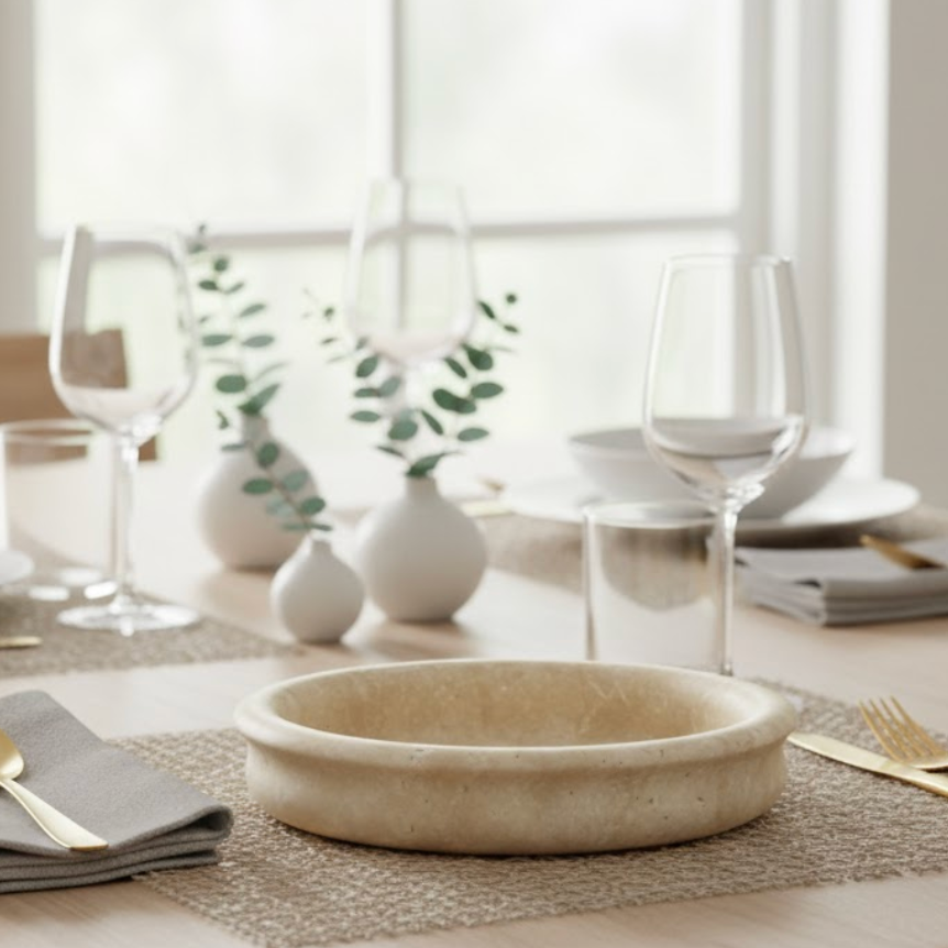 Travertine Stone Bowl (Handcrafted)