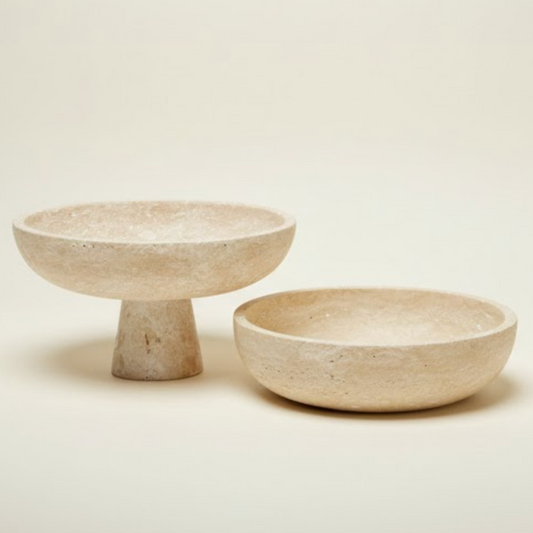 Travertine Stone Bowl Set (Pedestal & Flat, 2 Pieces – Handcrafted)