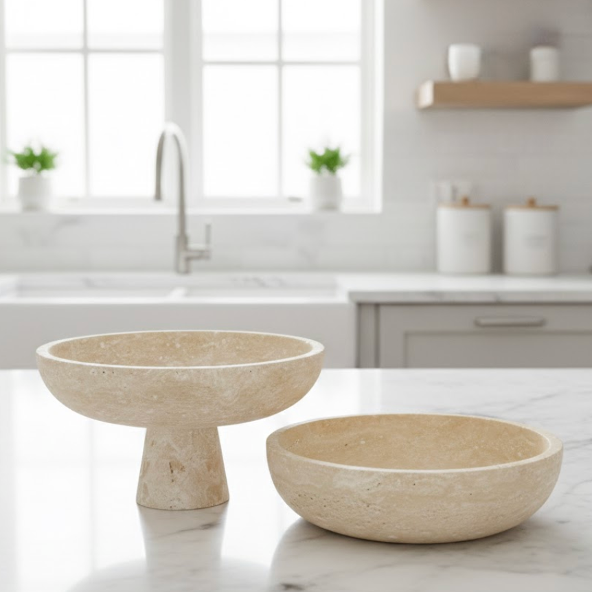 Travertine Stone Bowl Set (Pedestal & Flat, 2 Pieces – Handcrafted)