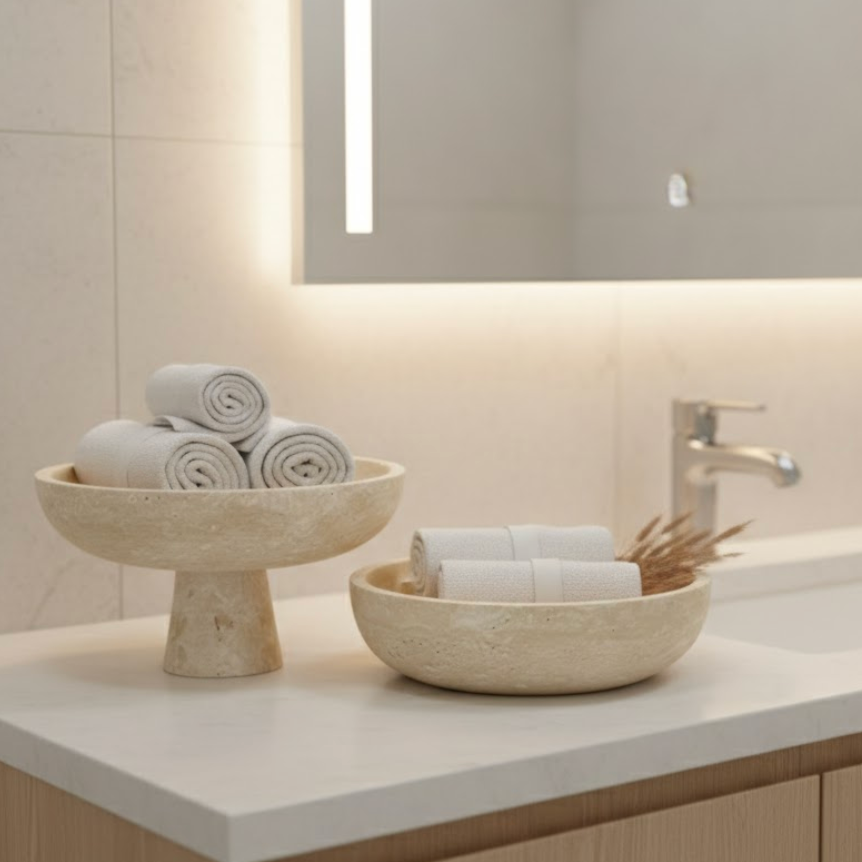 Travertine Stone Bowl Set (Pedestal & Flat, 2 Pieces – Handcrafted)