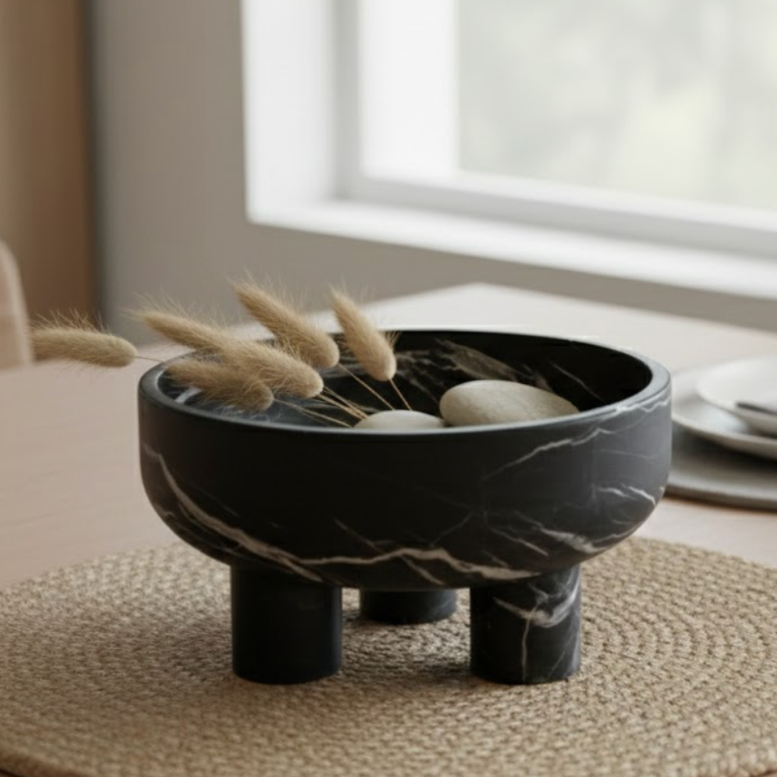 Matte Black Marble Pedestal Bowl (Handcrafted)