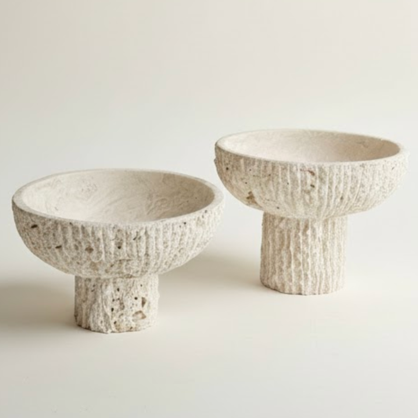 Travertine Pedestal Bowl Set – Split Face Finish (2 Pieces, Handcrafted)