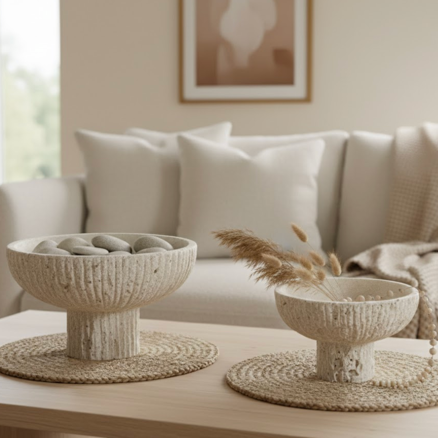 Travertine Pedestal Bowl Set – Split Face Finish (2 Pieces, Handcrafted)