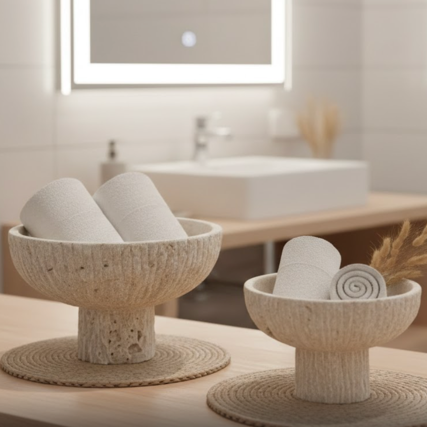 Travertine Pedestal Bowl Set – Split Face Finish (2 Pieces, Handcrafted)