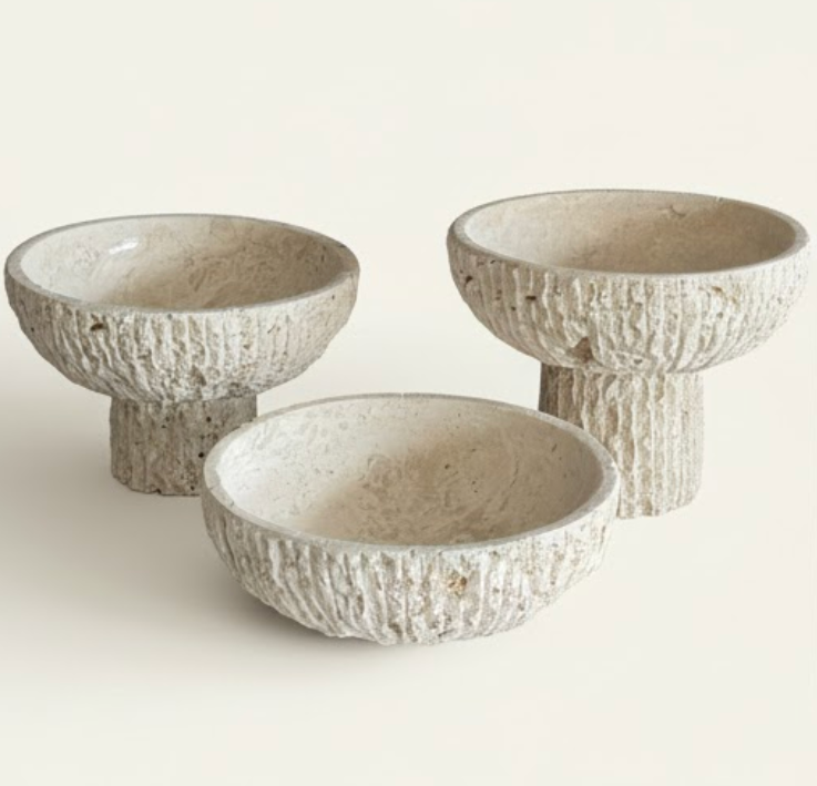 Travertine Pedestal Bowl Set – Split - Face Finish (3 Pieces, Handcrafted)