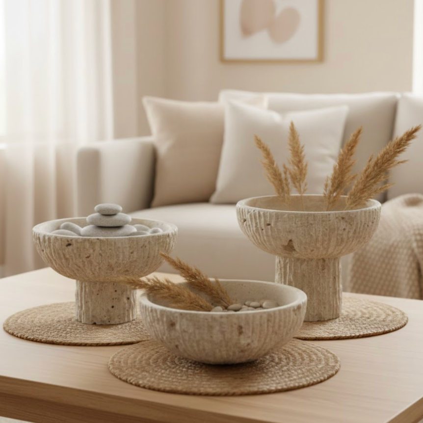 Travertine Pedestal Bowl Set – Split - Face Finish (3 Pieces, Handcrafted)