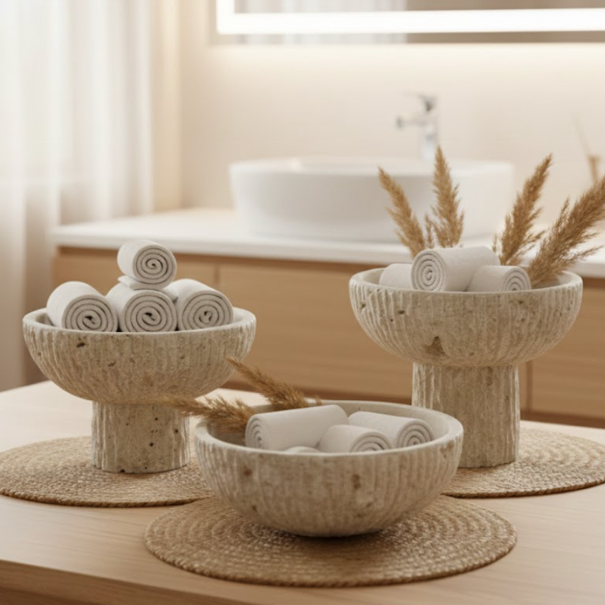 Travertine Pedestal Bowl Set – Split - Face Finish (3 Pieces, Handcrafted)