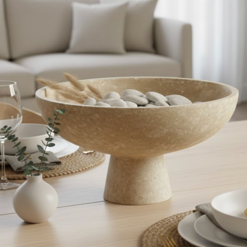Travertine Pedestal Serving Bowl (Handcrafted)