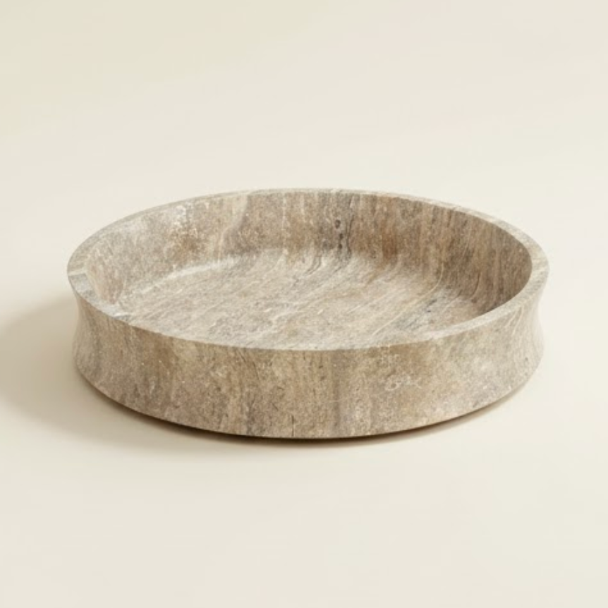 Silver Travertine Stone Bowl (Handcrafted)
