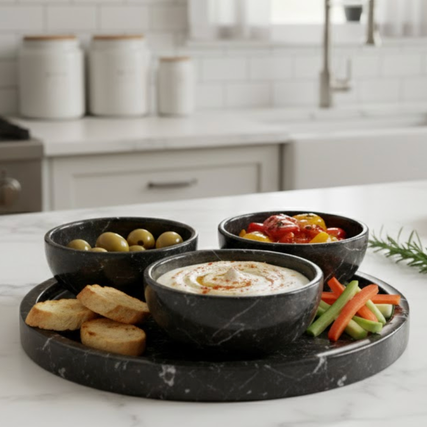 Black Marble Bowl & Tray Set (Handcrafted)