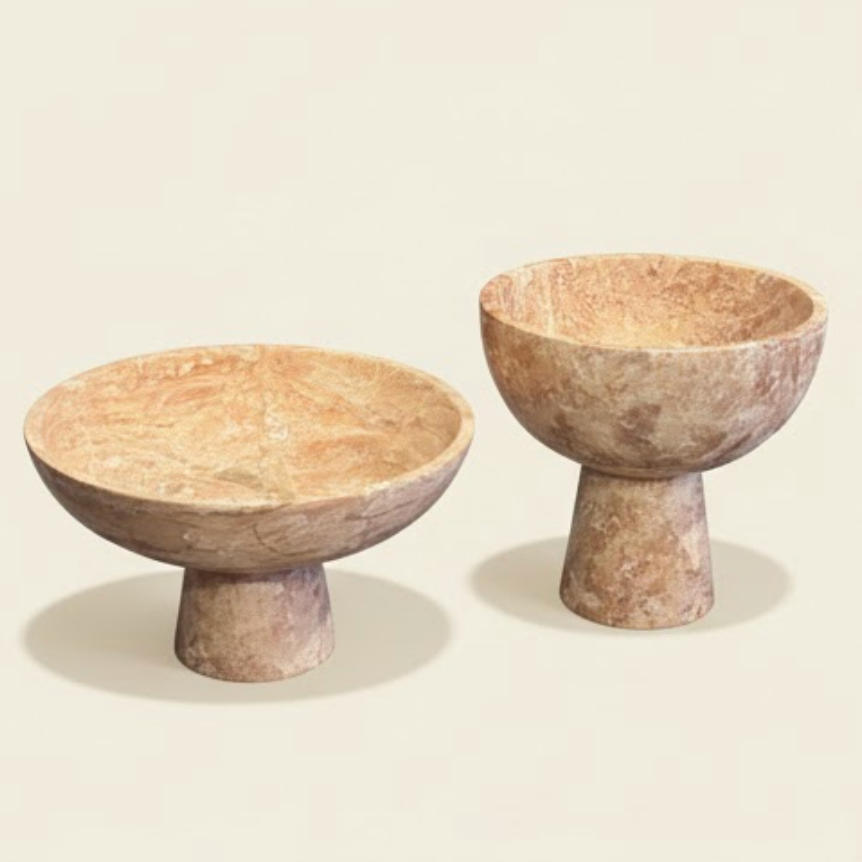 Red Travertine Pedestal Bowl Set (Handcrafted)