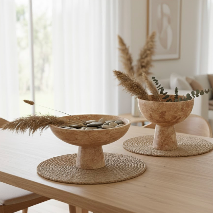 Red Travertine Pedestal Bowl Set (Handcrafted)