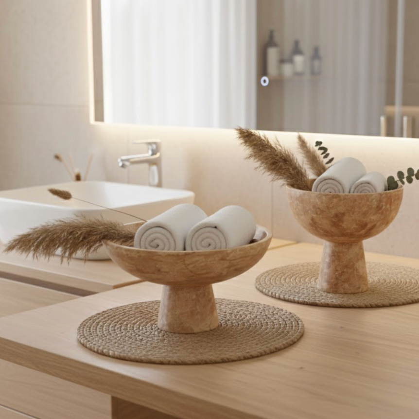 Red Travertine Pedestal Bowl Set (Handcrafted)