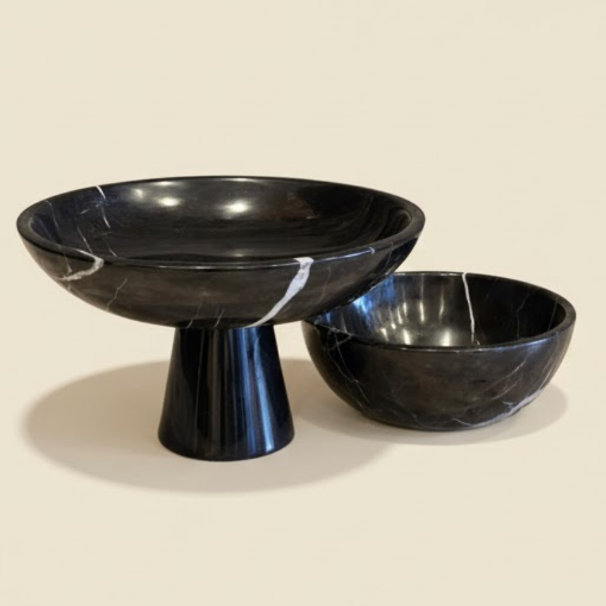 Black Marble Bowl Set (Pedestal & Flat, 2 Pieces – Handcrafted)