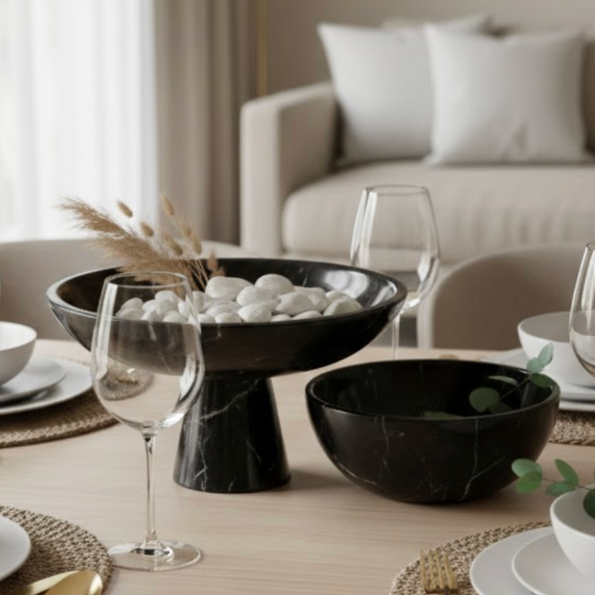 Black Marble Bowl Set (Pedestal & Flat, 2 Pieces – Handcrafted)