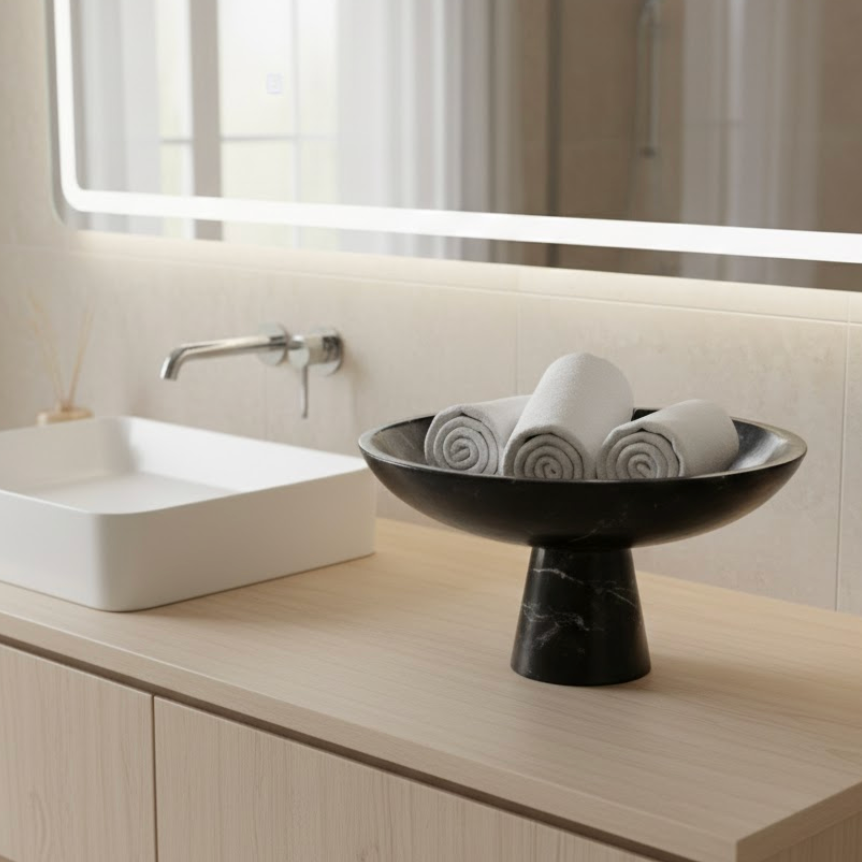 Black Marble Pedestal Bowl (Handcrafted)