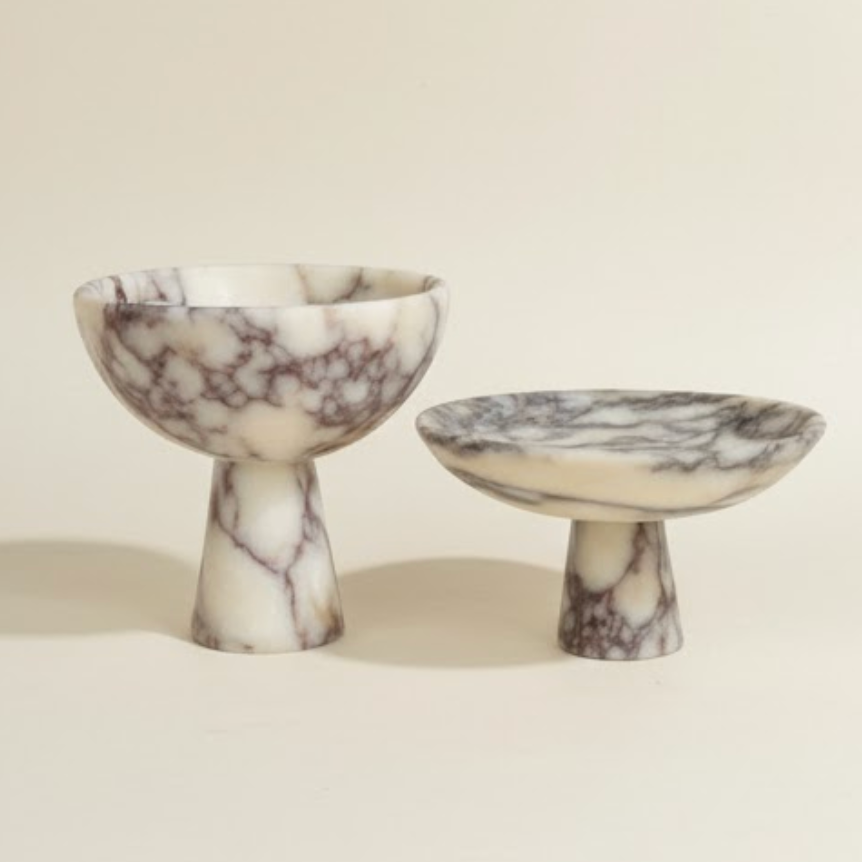 Calacatta Viole Marble Pedestal Bowl Set (2 Pieces, Handcrafted)