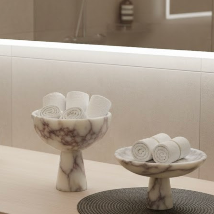 Calacatta Viole Marble Pedestal Bowl Set (2 Pieces, Handcrafted)