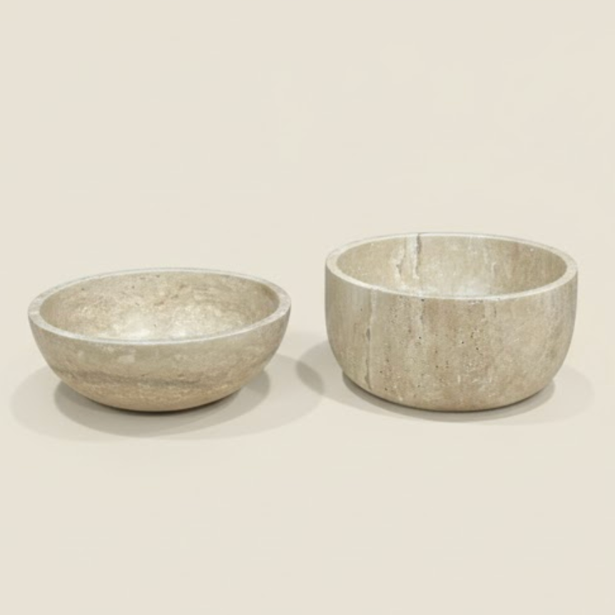 Travertine Stone Bowl Set (2 Pieces, Handcrafted)