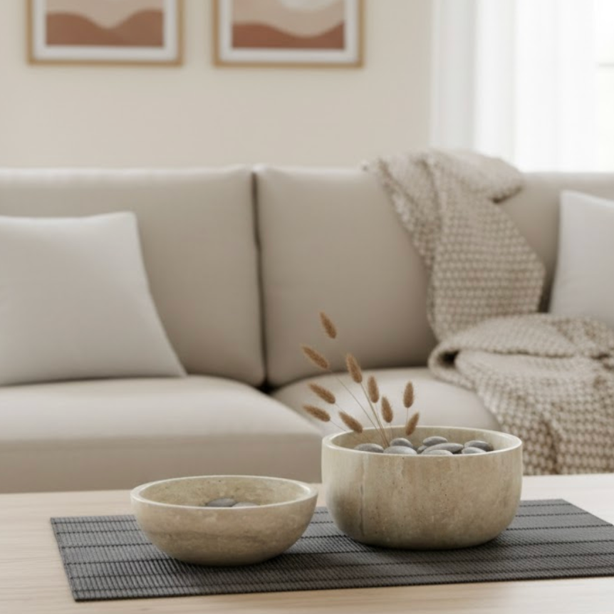 Travertine Stone Bowl Set (2 Pieces, Handcrafted)