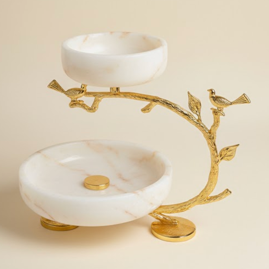 Marble Two-Tier Serving Stand with Gold Accent (Handcrafted)