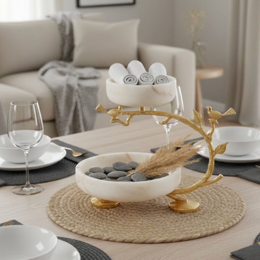 Marble Two-Tier Serving Stand with Gold Accent (Handcrafted)