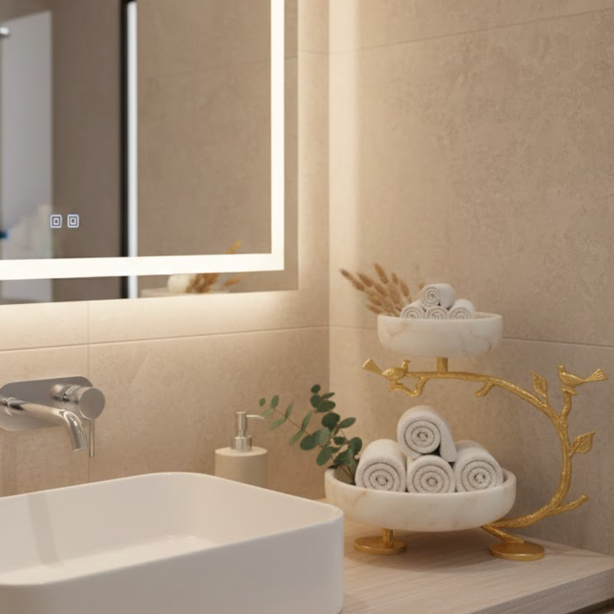 Marble Two-Tier Serving Stand with Gold Accent (Handcrafted)