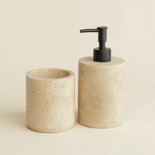 Beige Travertine Bathroom & Kitchen Set with Matte Black Details (Handcrafted)