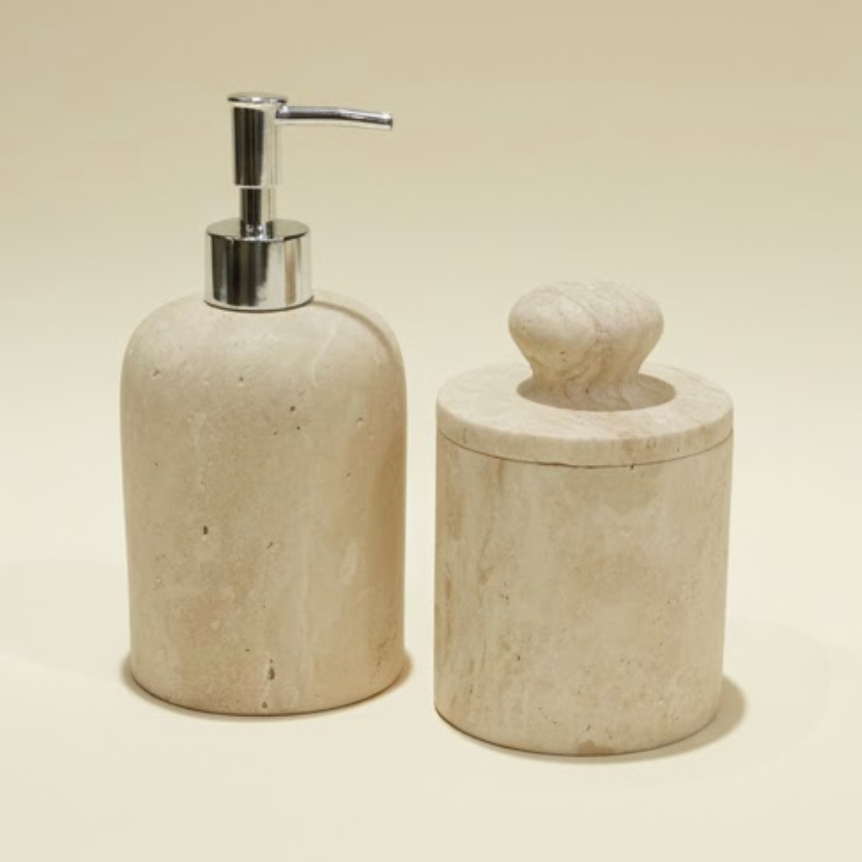 Travertine Soap Dispenser & Cotton Jar Set (2 Pieces, Handcrafted)