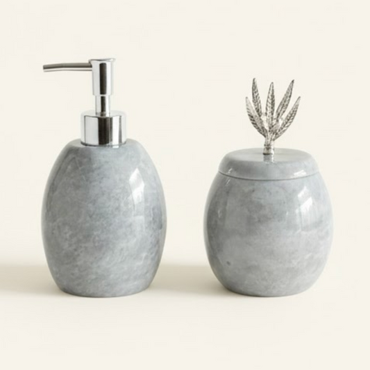 Ellipse Marble Soap Dispenser & Lidded Cotton Jar Set (2 Pieces, Handcrafted)