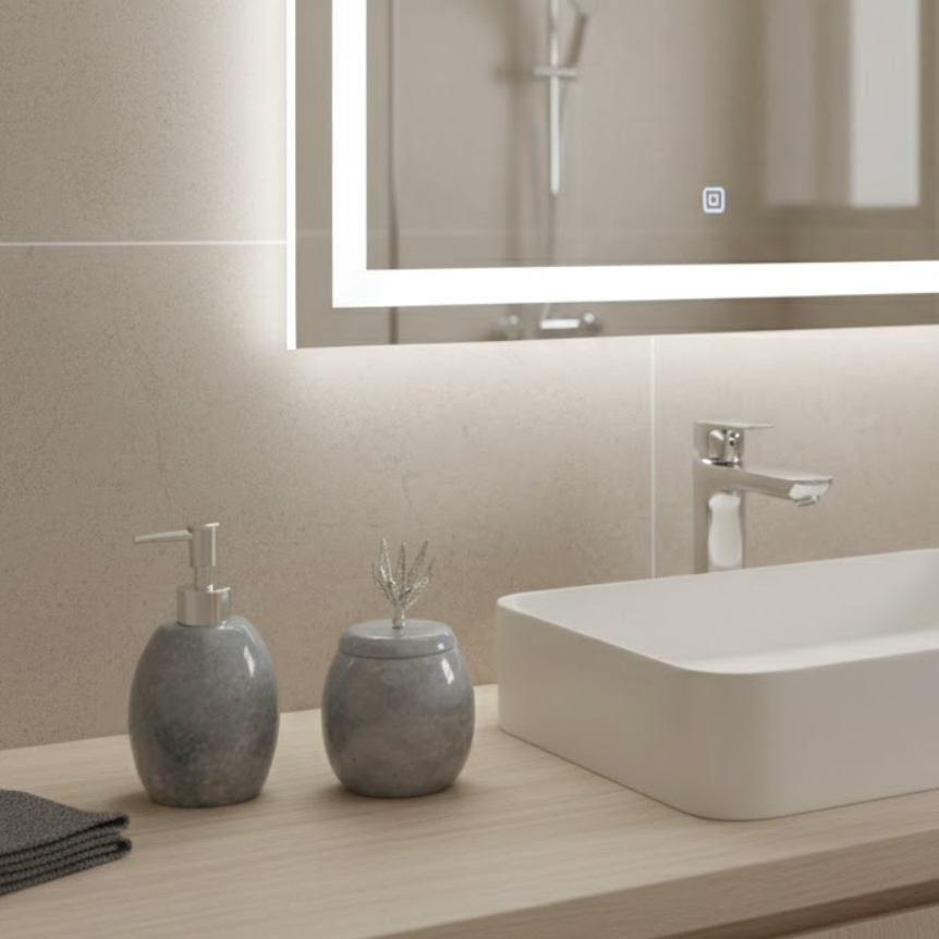 Ellipse Marble Soap Dispenser & Lidded Cotton Jar Set (2 Pieces, Handcrafted)