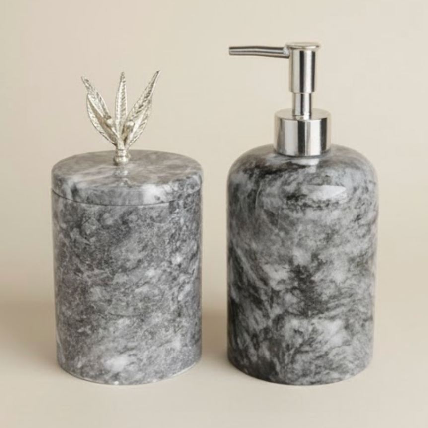 Black Marble Bathroom Set with Olive Branch Chrome Detail (2 Pieces, Handcrafted)