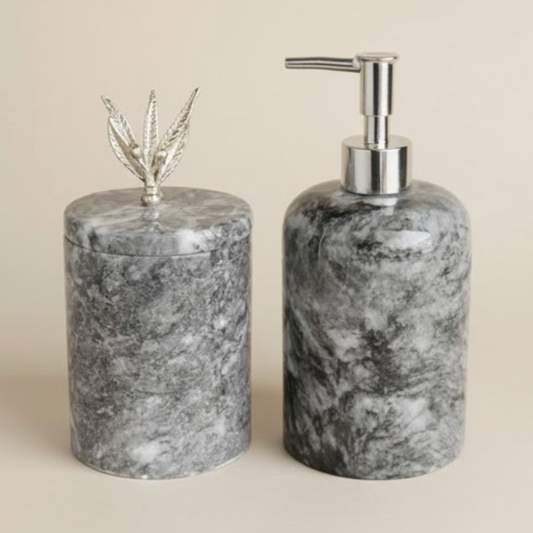Black Marble Bathroom Set with Olive Branch Chrome Detail (2 Pieces, Handcrafted)