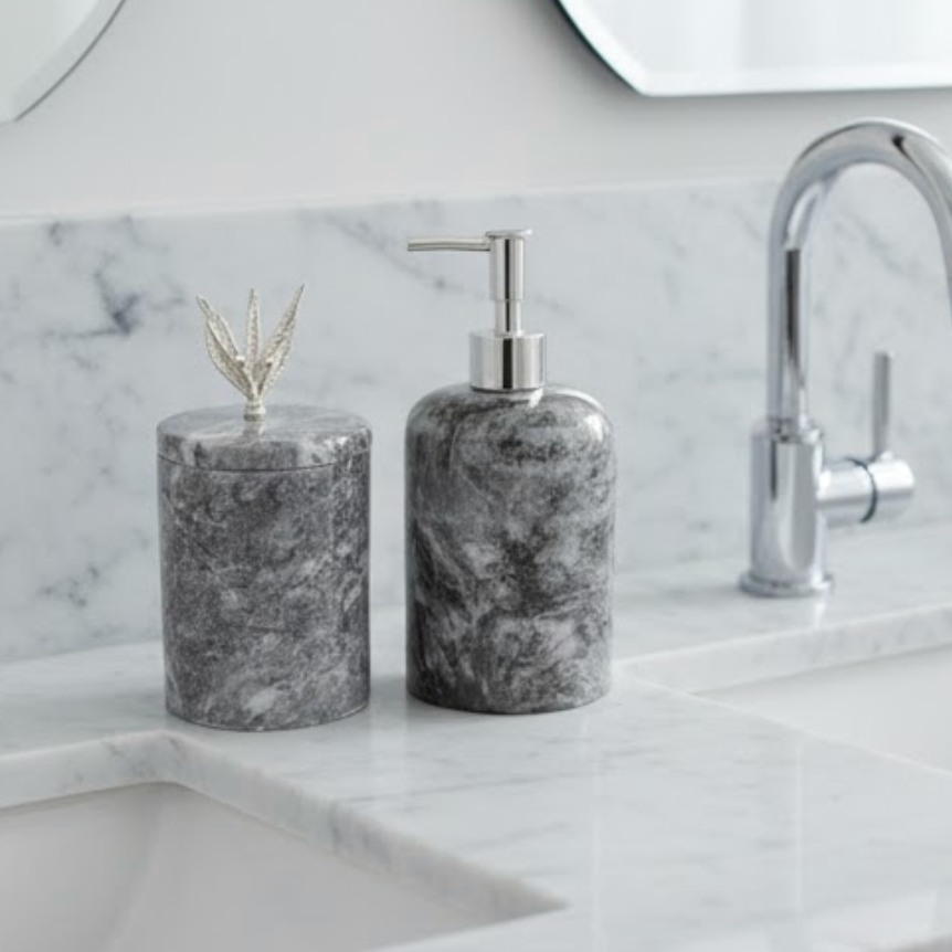 Black Marble Bathroom Set with Olive Branch Chrome Detail (2 Pieces, Handcrafted)