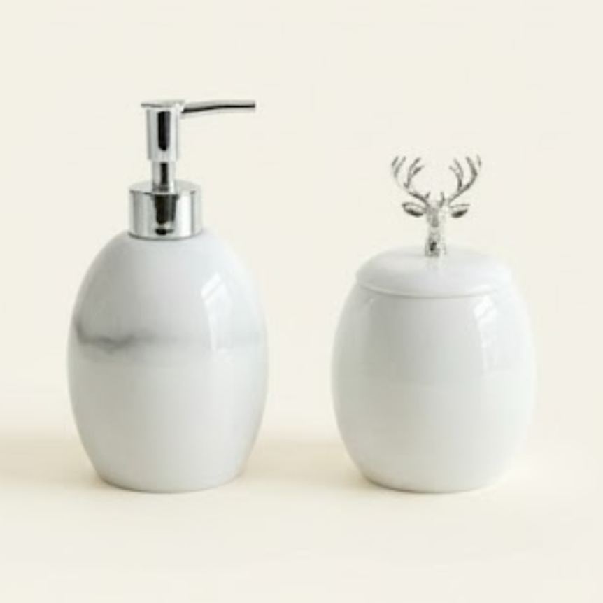 Ellipse Marble Soap Dispenser & Lidded Cotton Jar Set (2 Pieces, Handcrafted)