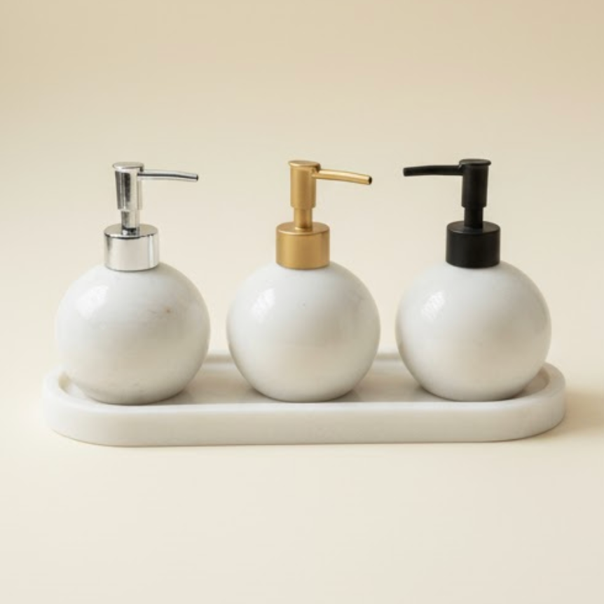 White Marble Orange-Form Soap Dispenser Set with Tray (4 Pieces, Handcrafted)