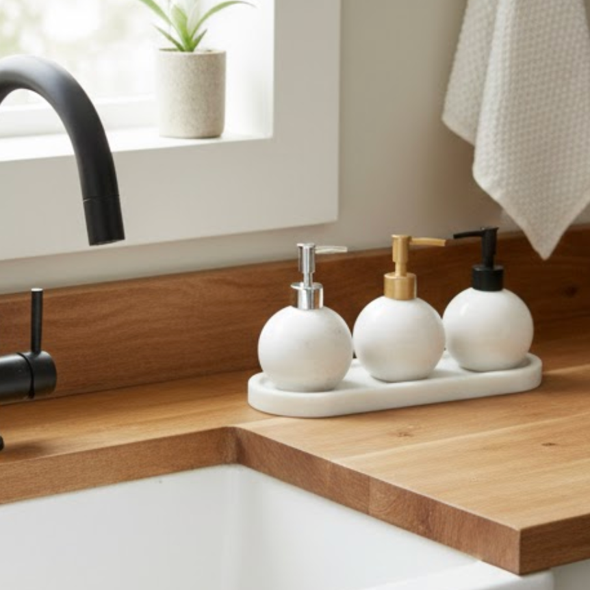 White Marble Orange-Form Soap Dispenser Set with Tray (4 Pieces, Handcrafted)