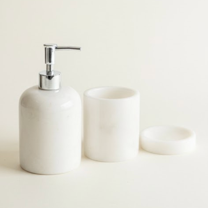 White Marble Bathroom Set – Soap Dispenser, Soap Dish & Toothbrush Holder (3 Pieces, Handcrafted)