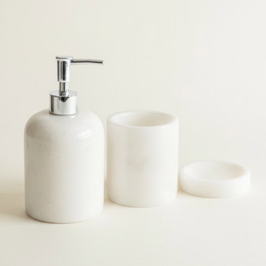 White Marble Bathroom Set – Soap Dispenser, Soap Dish & Toothbrush Holder (3 Pieces, Handcrafted)